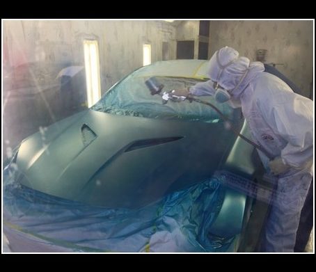 Refinishing work in progress in the paint area